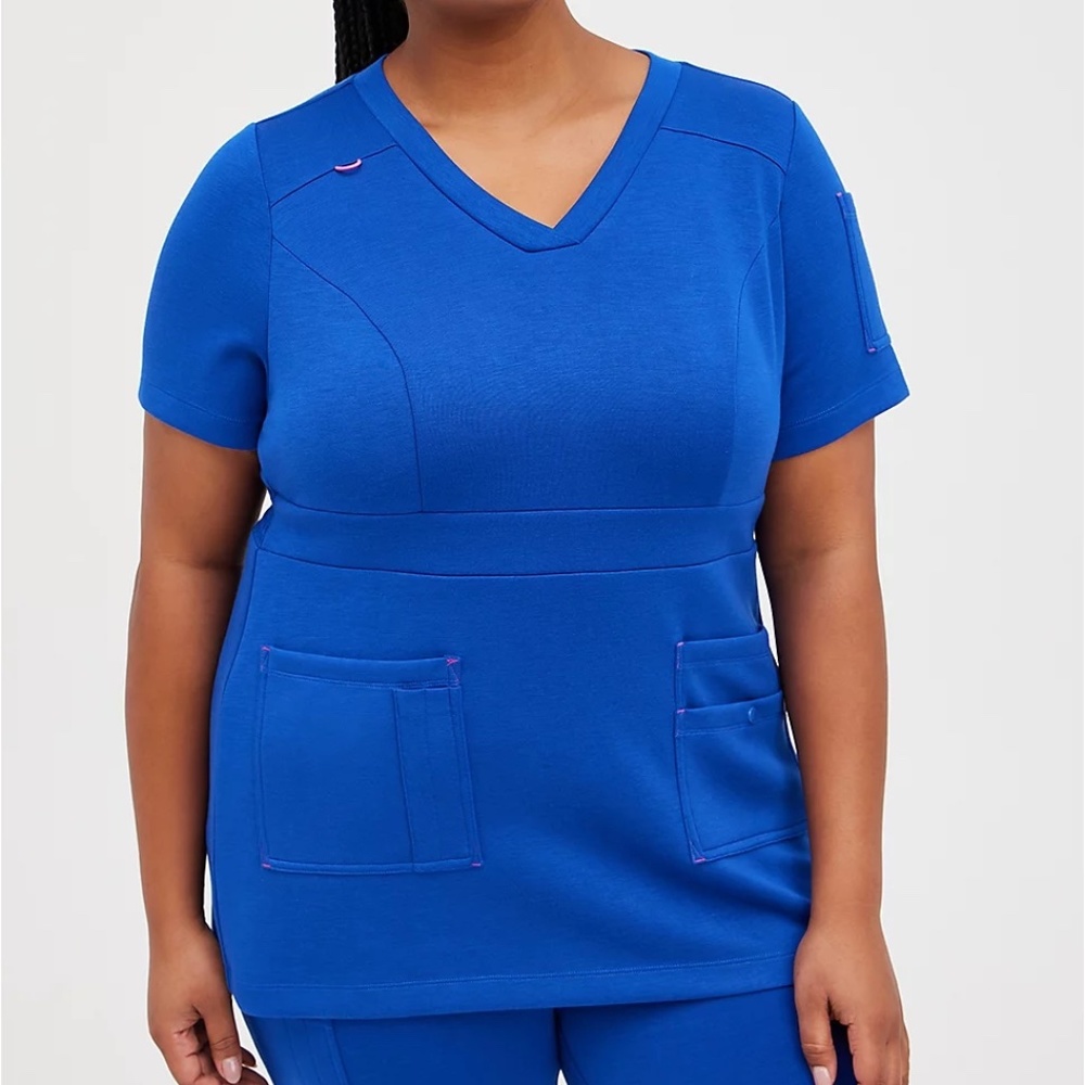 Torrid Scrub Top 1X (14-16) Blue Waistband Pockets V-Neck Cupro Knit Plus Size